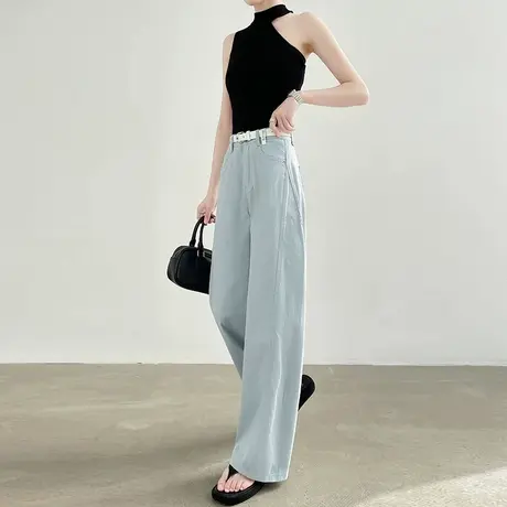 淡蓝色阔腿牛仔裤女夏季新款高腰宽松显瘦百搭垂感直筒拖地长裤子商品大图