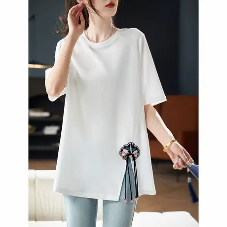宝诗黎圆领刺绣开叉短袖T恤2025夏季宽松百搭棉质简约女装上衣潮商品大图