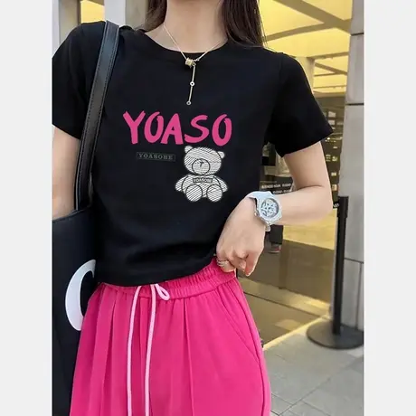 2025夏季新款洋气修身显瘦短款白色字母印花短袖T恤女纯棉上衣潮商品大图