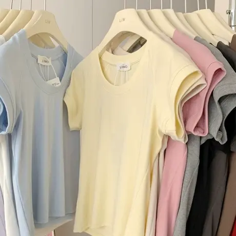 广州十三行女装欧货树莓粉短袖U领T恤正肩体恤浅淡奶黄色辣妹上衣图片