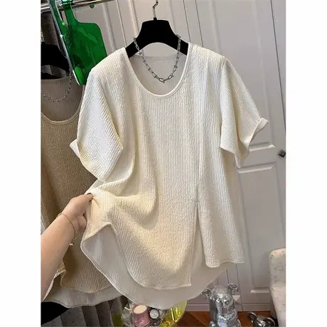 不规则开叉下摆短袖T恤女夏季宽松韩版内搭外穿打底衫U领正肩上衣图片