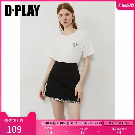 DPLAY2025年夏季新款白色t恤女时尚休闲闪钻爱心圆领宽松上衣图片