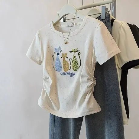 甜美褶皱收腰短款t恤女夏季新款甜妹风彩虹波点洋气短袖正肩上衣商品大图