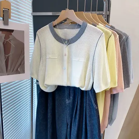 圆领镂空针织开衫女2025夏装新款宽松慵懒风上衣薄款短袖t恤衫潮商品大图