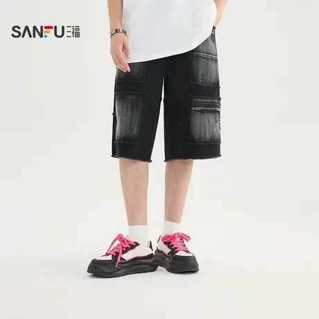 三福2025夏季男士洗水拼接中裤 街头潮流宽松直腰裤子男502106图片