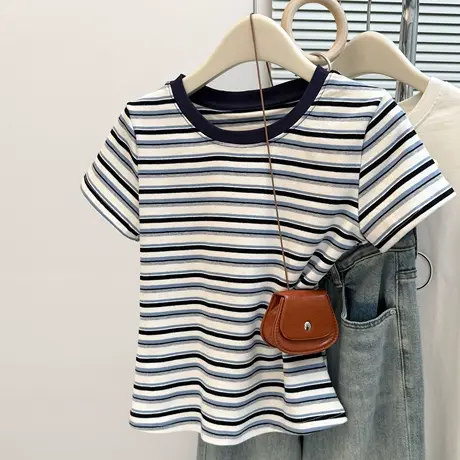 撞色正肩圆领条纹短袖T恤女夏季小个子韩版修身短款chic甜辣上衣图片