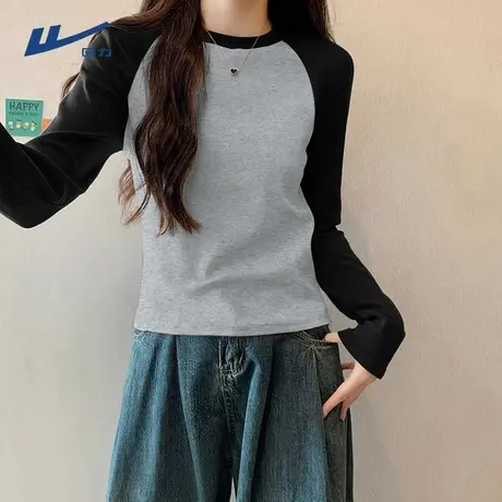 回力上衣女春秋新款今年流行洋气内搭打底衫修身撞色长袖t恤女Z4商品大图