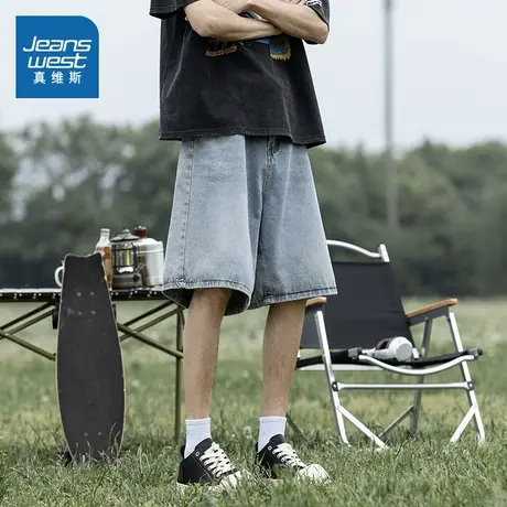 KF真维斯男装2025夏季新款 潮牌复古做旧水洗宽松牛仔短裤男商品大图