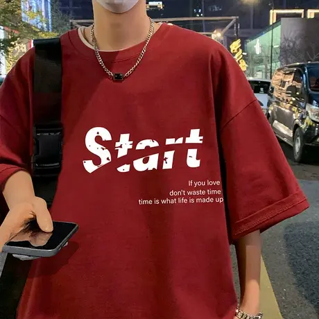 酒红色纯棉短袖t恤男夏季新款情侣美式高街宽松半袖ins潮牌体恤衫图片