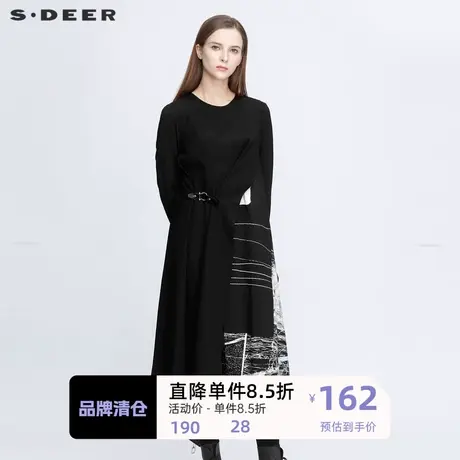 sdeer圣迪奥女装涂鸦印花拼接不规则长袖打底连衣裙冬S20481210🕡商品大图