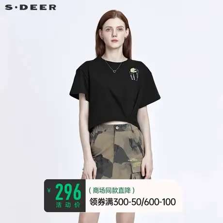 sdeer圣迪奥女装夏装圆领撞色抽象印花抽褶收腰黑色T恤S21280166图片