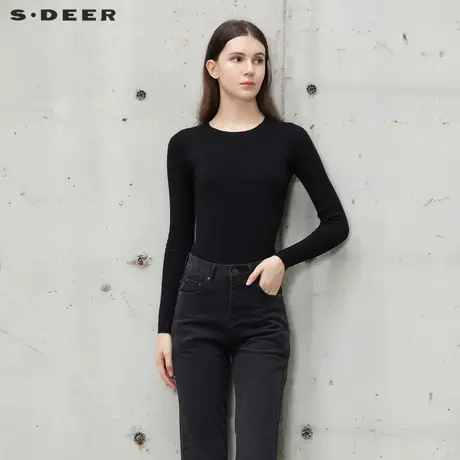 sdeer圣迪奥罗纹圆领修身黑色针织衫毛衣女设计感小众S21463523图片