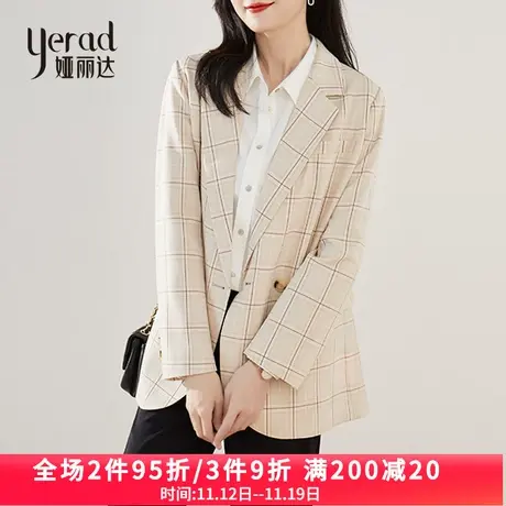 娅丽达格子西装外套女2023年秋季新款韩版炸街休闲米色西服外套女商品大图