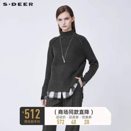 sdeer圣迪奥冬季休闲高领格纹拼接宽松针织衫女S21483514图片