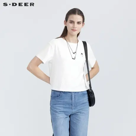 sdeer圣迪奥休闲圆领趣味印花白色T恤S21280150图片