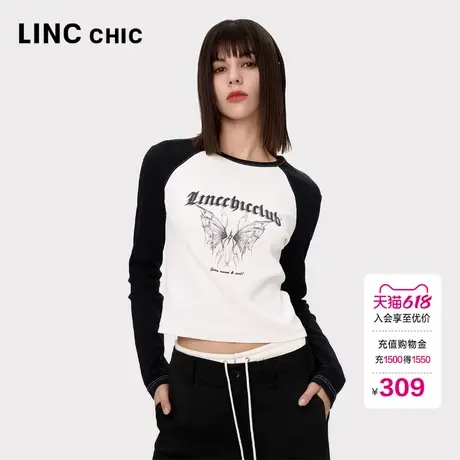 LINC金羽杰内搭女上衣修身圆领打底衫撞色拼接长袖T恤女FK456Y商品大图