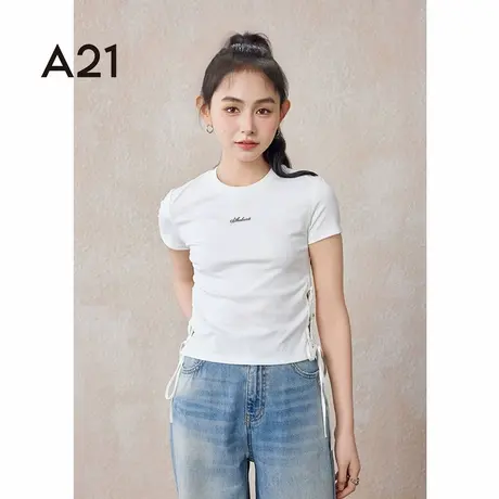 A21女装针织显瘦圆领短袖T恤夏季美式潮牌镂空设计感三分袖打底衫商品大图