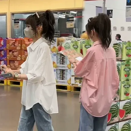 宽松休闲纯色衬衫女夏季新款薄款半袖上衣设计感小众韩版中袖衬衣商品大图