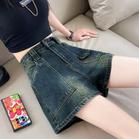 设计感口袋高腰A字牛仔短裤女2025年夏季新款辣妹百搭阔腿热裤潮图片