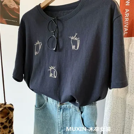 刺绣猫咪雪花棉夏季新款宽松女式文艺复古休闲短袖百搭T恤衫图片