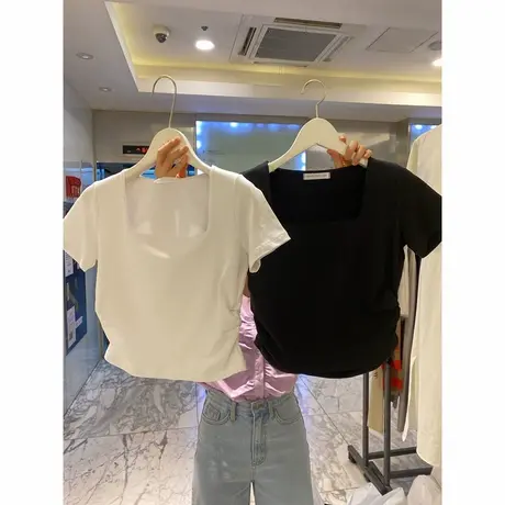 方领褶皱收腰短袖T恤女夏天修身外穿内搭打底小衫短款正肩上衣服商品大图