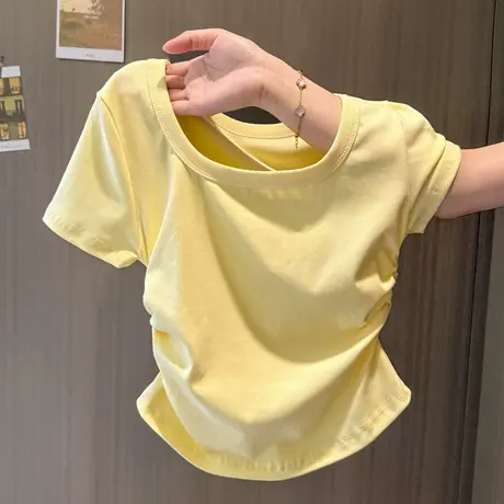 小个子短款短袖T恤女夏季褶皱收腰设计感修身韩版方领正肩上衣潮商品大图