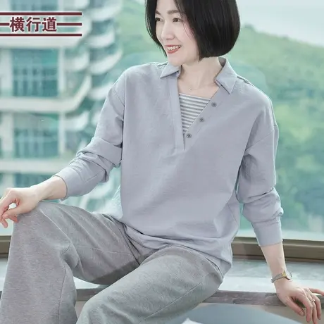 翻领假两件套宽松落肩长袖韩版上衣纯色衬衫2025春装新款女士秋衣商品大图