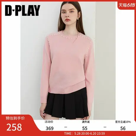 DPLAY2025年春季新款粉色毛衣女圆领100羊毛针织衫宽松慵懒上衣商品大图