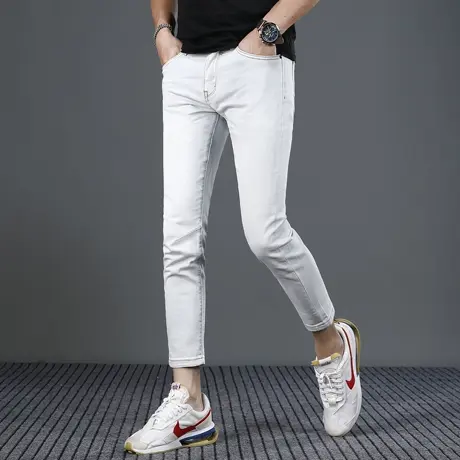 香港高端浅色九分牛仔裤男夏季薄款修身小脚弹力休闲男士裤子9分图片