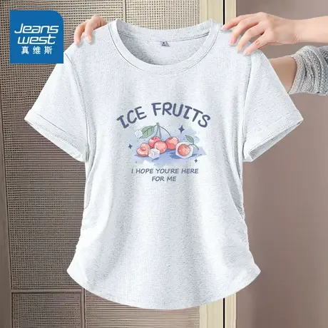 KMV真维斯纯棉正肩短袖t恤女2025夏季新款小个子紧身短款抽褶体恤商品大图