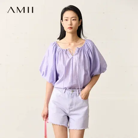 Amii2025夏新款极简薄款宽松泡泡袖灯笼袖抽绳系带V领雪纺衫女商品大图
