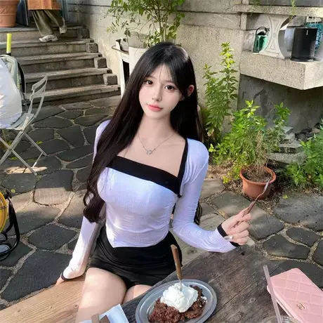 韩国新春秋气质性感撞色抹胸背心搭配高腰短款长袖开衫套装女t恤图片