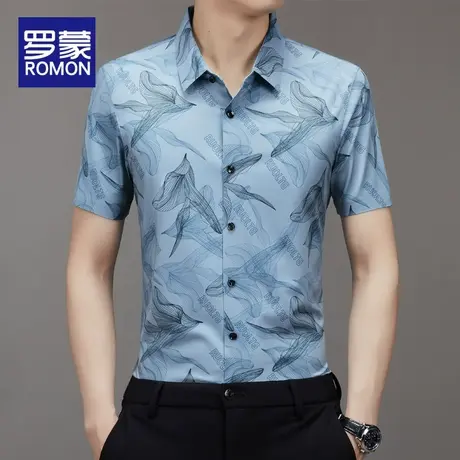 罗蒙男士短袖衬衫夏季花衬衣中年垂感免烫半袖休闲上衣爸爸装薄款商品大图