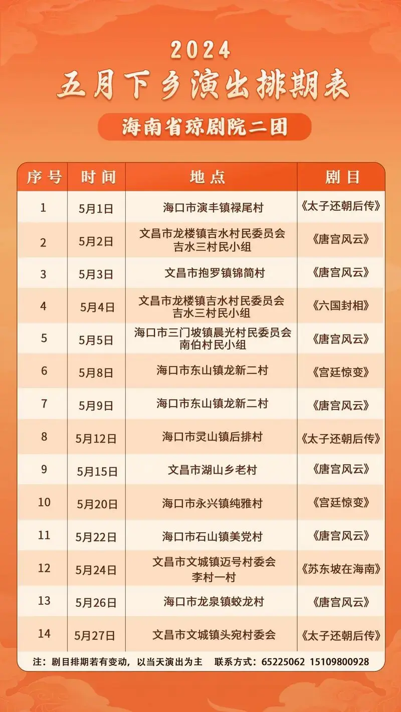 海南省琼剧院二团5月下乡演出排期表 - 抖音