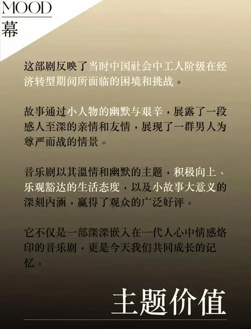 《钢的琴》: 工人逆境,温情幽默
音乐剧《钢的琴》改编自同名电影