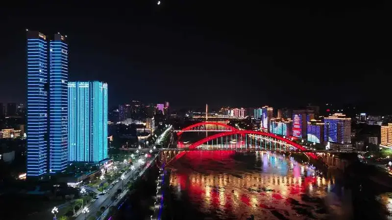 四川宜宾金沙江两岸夜景航拍