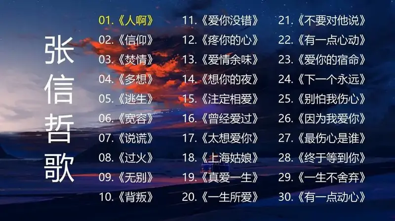 精选张信哲歌《人啊》《信仰》《焚情》《多想》《逃生》《宽容》