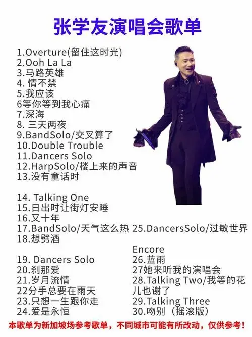 以下是一些张学友演唱会中常见的歌单:
《吻别》:这是张学友的经典