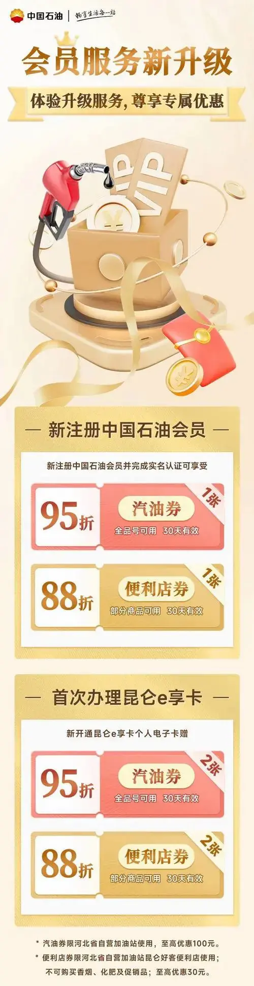 新会员专享福利:开通昆仑e享卡即赠95折汽油券