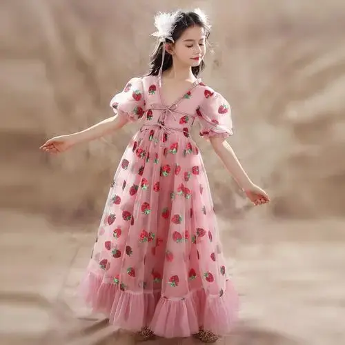 2024新款亮片儿童礼服女童粉色草莓公主裙钢琴演出生日连衣裙礼服
