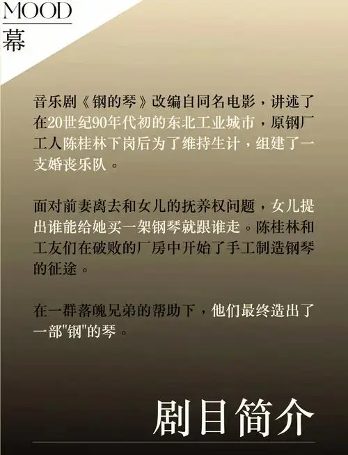 《钢的琴》: 工人逆境,温情幽默
音乐剧《钢的琴》改编自同名电影