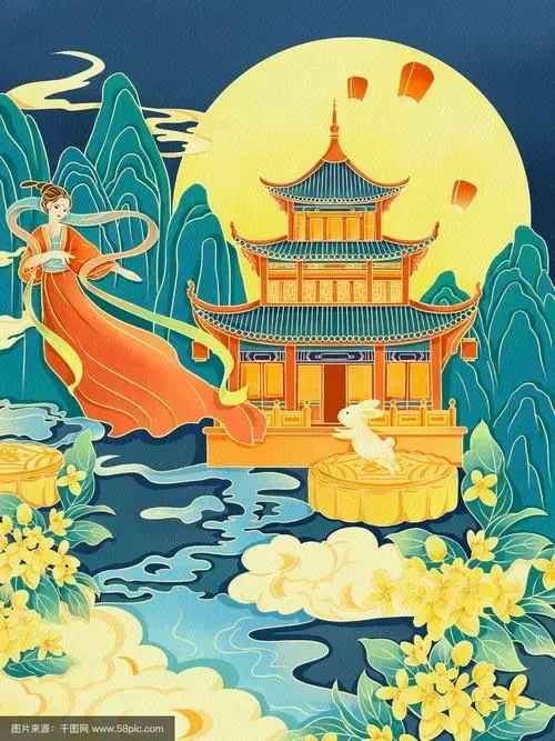 国潮风中秋节团圆节气插画_千图网