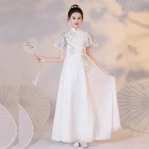 2024新款儿童礼服白色花童晚礼服中式旗袍女童古筝琵琶演出服高端
