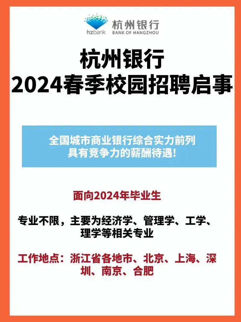杭州银行2024年度校园招聘启动啦.2024年毕业的国内外应 - 抖音