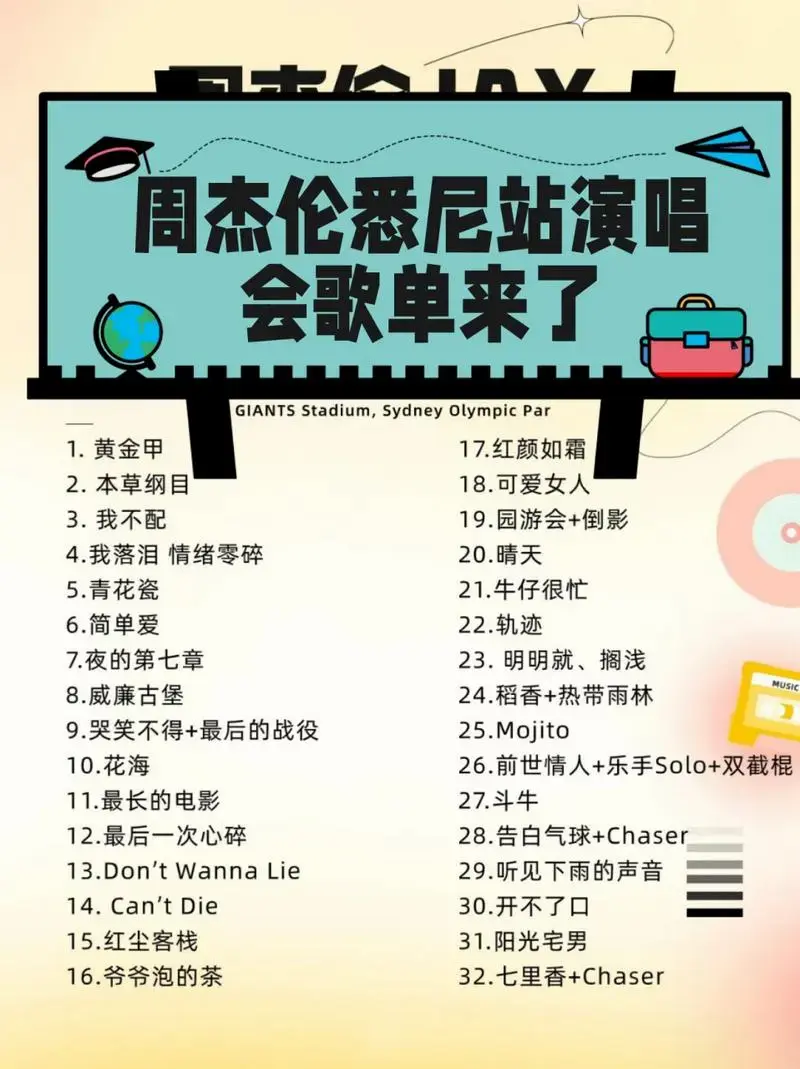 周杰伦悉尼站演唱会歌单来了
风雨无阻,青春无限!