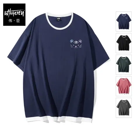 伟臣潮牌大码男装夏季纯棉短袖T恤男胖子加肥加大宽松圆领假两件商品大图