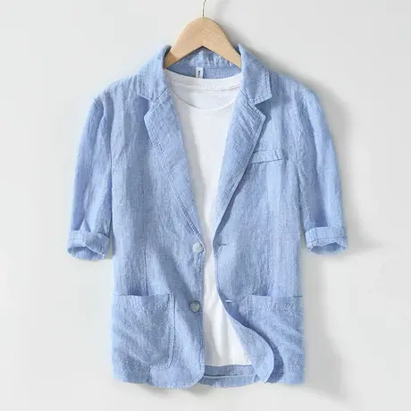 棉麻五分袖小西装外套男士夏季薄款中袖亚麻西服休闲纯色青年上衣商品大图