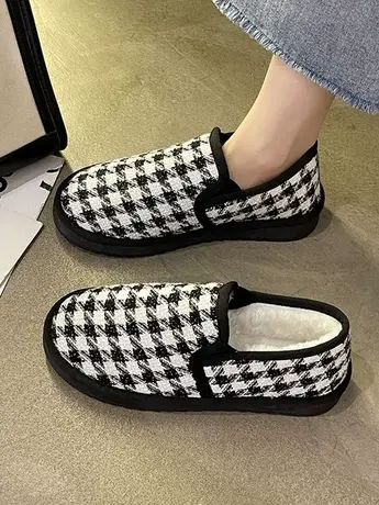 千鸟格雪地棉女冬2023新款低帮加绒保暖棉鞋懒人一脚蹬面包鞋爆款商品大图