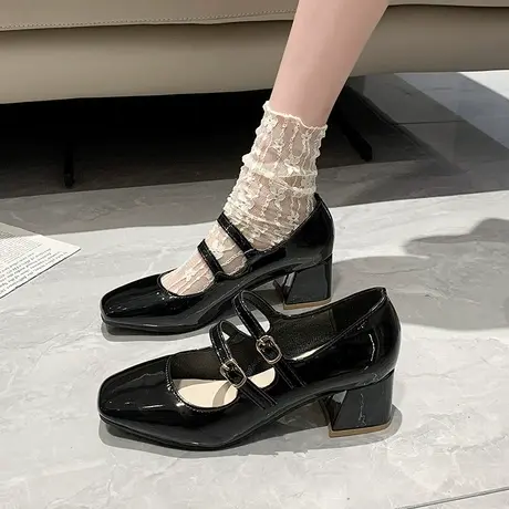 2024年春季新款法式复古粗跟漆皮单鞋高跟红色一字扣带玛丽珍女鞋商品大图