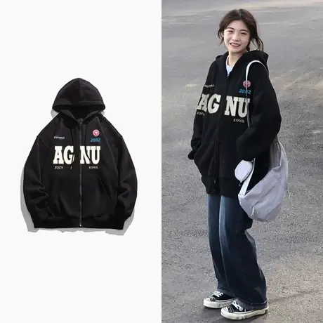 连帽卫衣女2023新款秋冬季设计感小众上衣慵懒风加绒加厚开衫外套商品大图